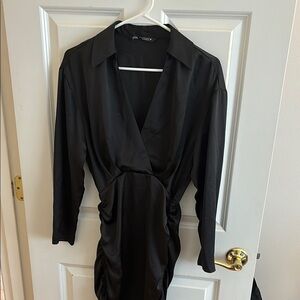 Zara Black Sheath Dress with Long Sleeves and Notched Collar for Cocktail